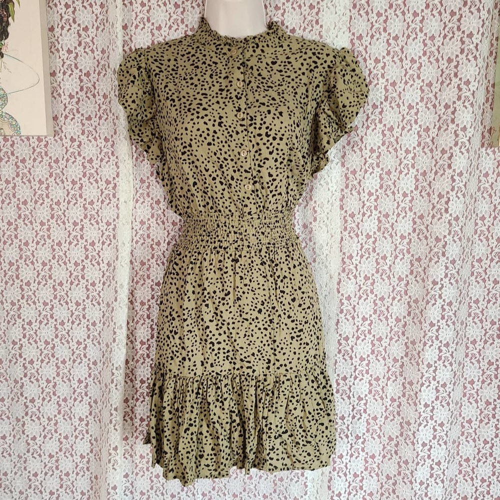 Cotton On Tan black Leopard Print high neck ruffle fit and flair dress med